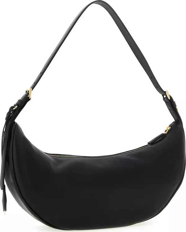 A black leather crescent-shaped shoulder bag with a single shoulder strap and gold-tone hardware, shown against a plain white background.