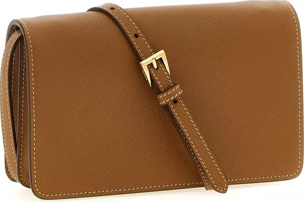 A brown textured leather shoulder bag with a gold-tone buckle on its strap, shown against a plain white background.