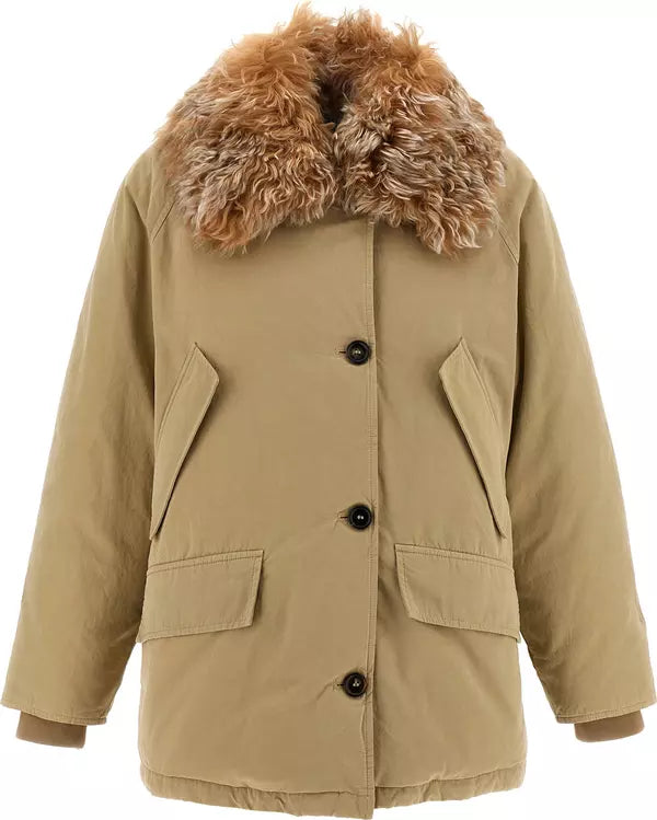 A beige parka-style jacket with a large brown faux-fur collar, black snap buttons, and front flap pockets, shown on a plain white background.