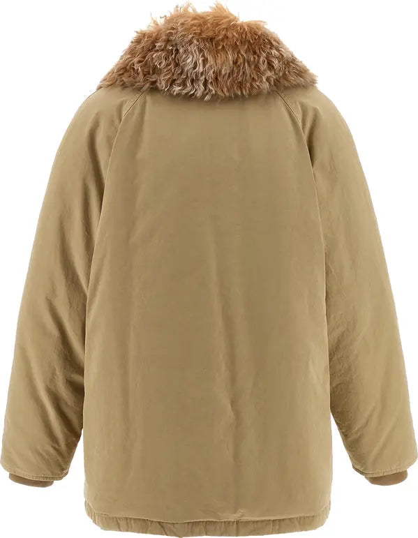 A tan winter parka jacket shown from the back, featuring a fluffy brown faux-fur collar and long sleeves, photographed against a solid white background.