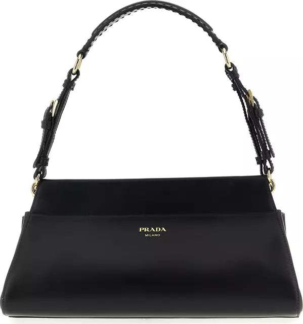 A black leather shoulder bag by Prada with gold-tone hardware and a braided top handle, shown against a plain white background.