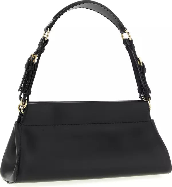 A black leather shoulder bag with a curved top handle, gold-tone hardware, and tassel details on the strap, shown against a plain white background.