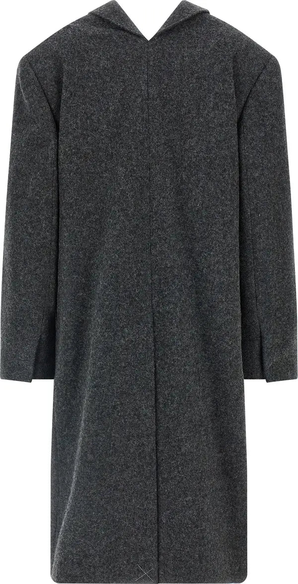 A dark gray hooded coat with a textured, heathered fabric finish, shown against a plain white background.