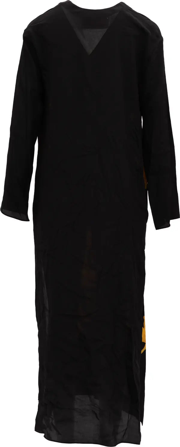 A black long-sleeve maxi dress with a V-neckline and sheer side panels, shown against a plain white background.