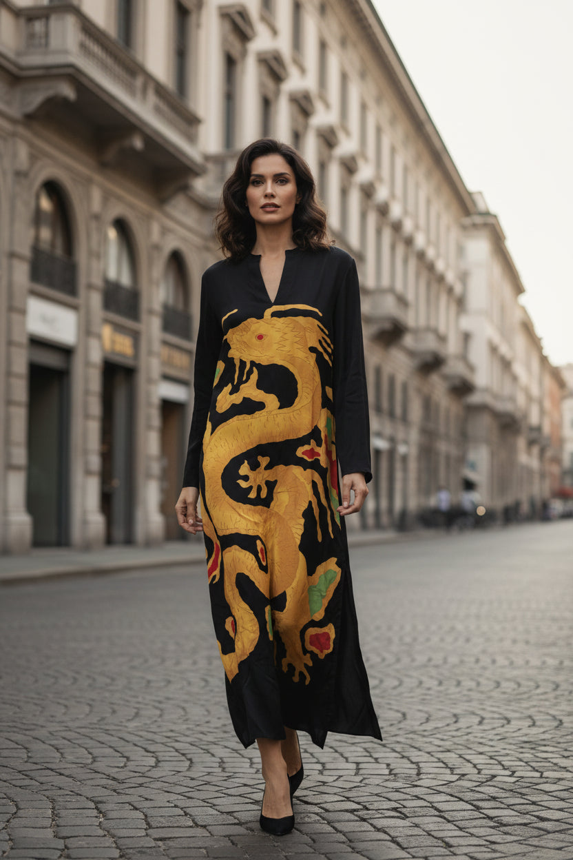 Archival Dragon-Print Silk Maxi Dress in Black and Gold