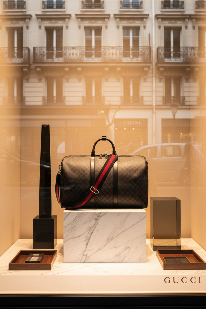 A black Gucci duffel bag featuring the brand&
