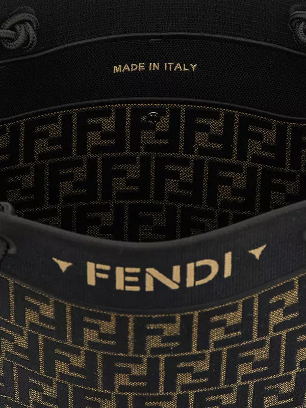 Close-up of a black Fendi bag featuring the signature FF monogram pattern in black and gold, with &