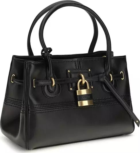 A black leather handbag with double top handles, a front strap detail, and a gold padlock closure, shown on a plain white background.