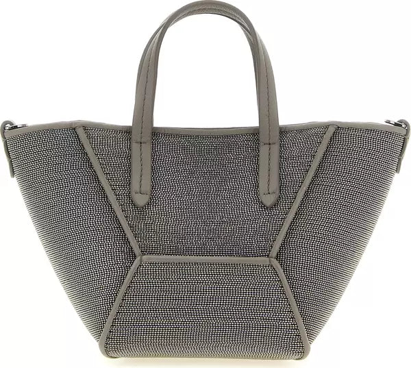 A structured tote bag with a textured woven pattern in gray and white, featuring solid gray leather handles and trim, shown against a plain white background.