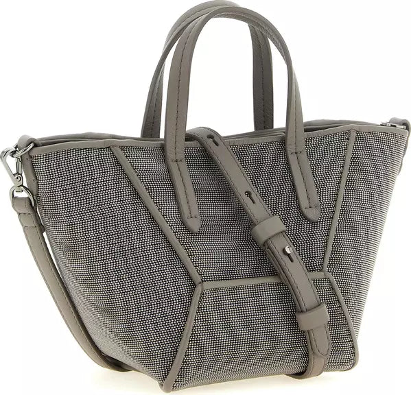 A gray textured leather handbag with dual top handles, a detachable shoulder strap, and geometric stitched panel details, shown on a plain white background.