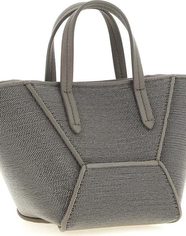 A structured gray tote bag with a textured, woven-like body and smooth gray handles, shown against a plain white background.
