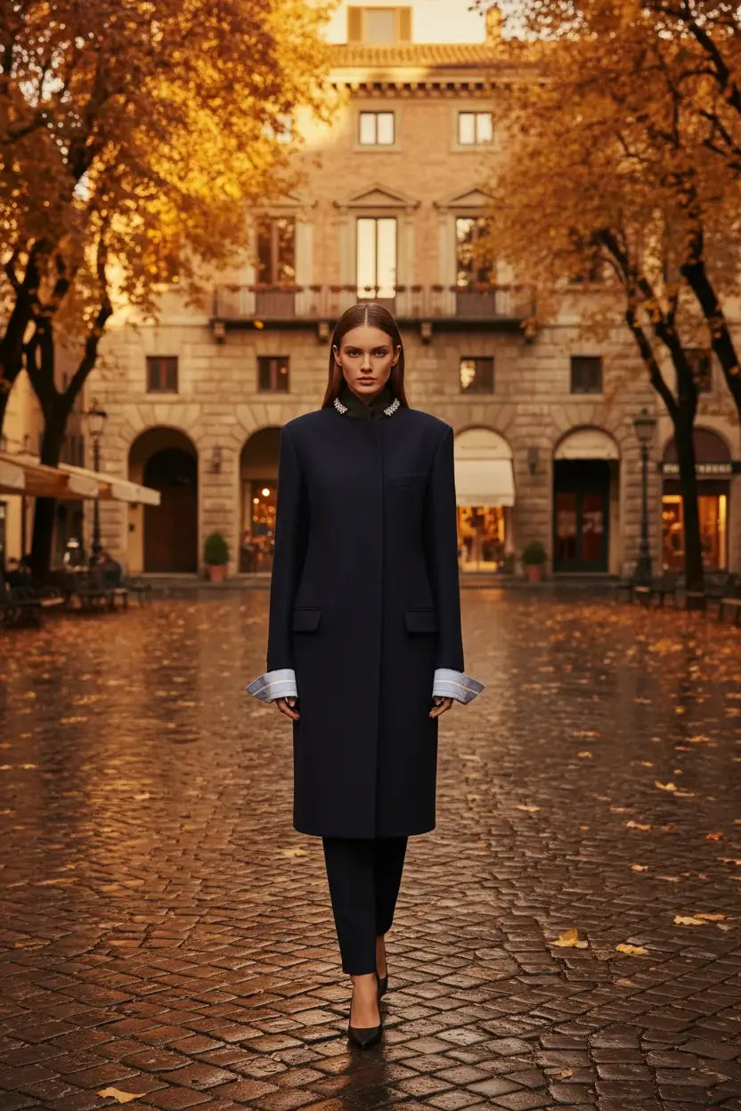 Prada Blue Wool Coat with Embellished Collar