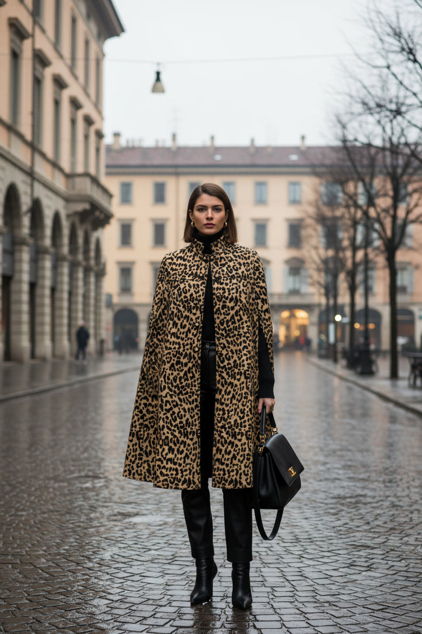 Brown Animalier Wool Cape Coat