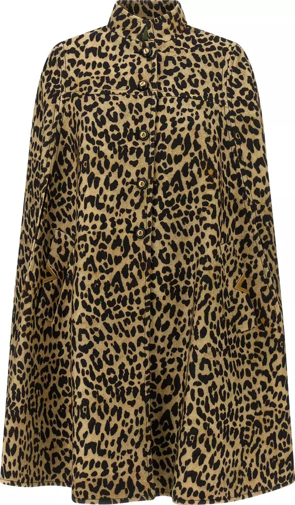 A leopard-print shirt jacket with a high collar and button-down front, shown against a plain white background.