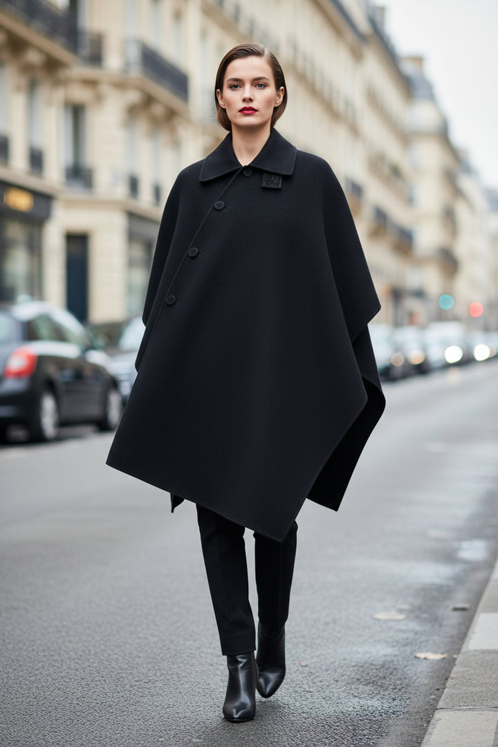 Black Virgin Wool Asymmetric Cape Coat
