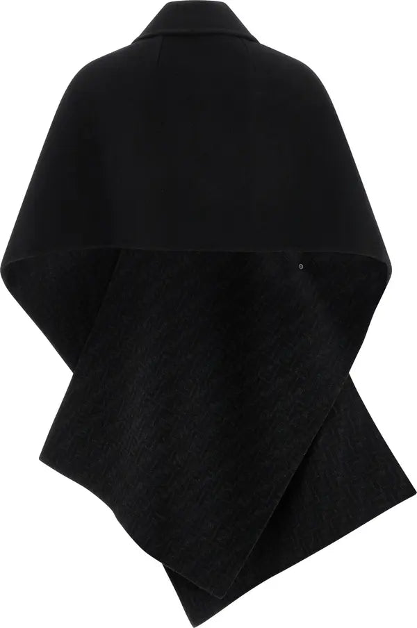 A black draped cape or poncho-style wrap with a wide collar, shown against a plain white background.