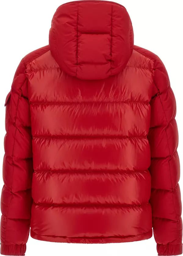 A red hooded puffer jacket shown from the back, featuring horizontal quilting and elastic cuffs, photographed against a plain white background.