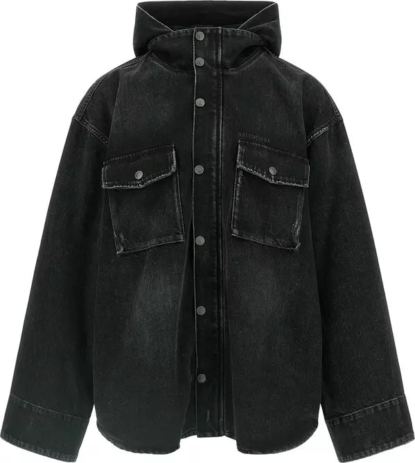 A black washed denim hooded jacket with a button-up front, two chest flap pockets, and long sleeves, shown on a plain white background.