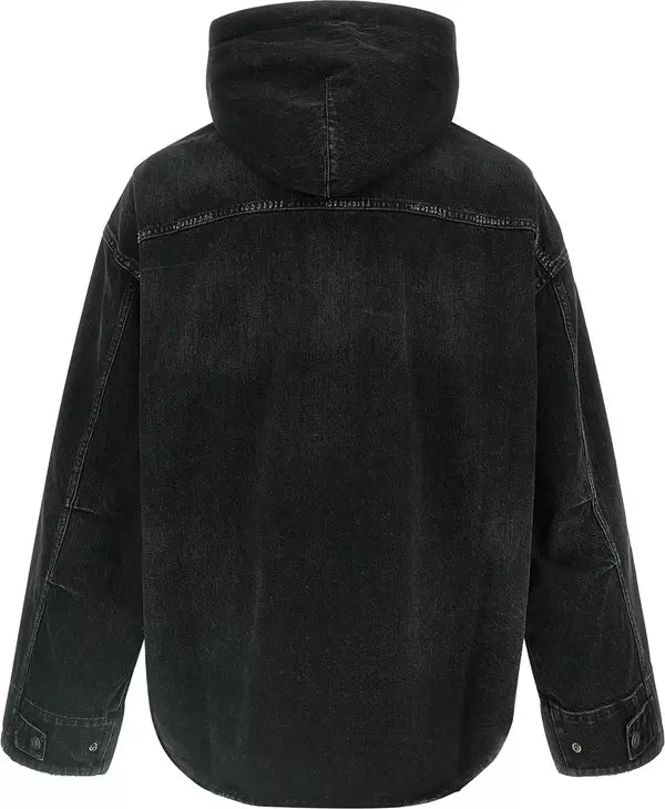A black washed denim hooded jacket shown from the back, featuring a textured denim finish, contrast stitching, and patch pockets on the sleeves, set against a plain white background.