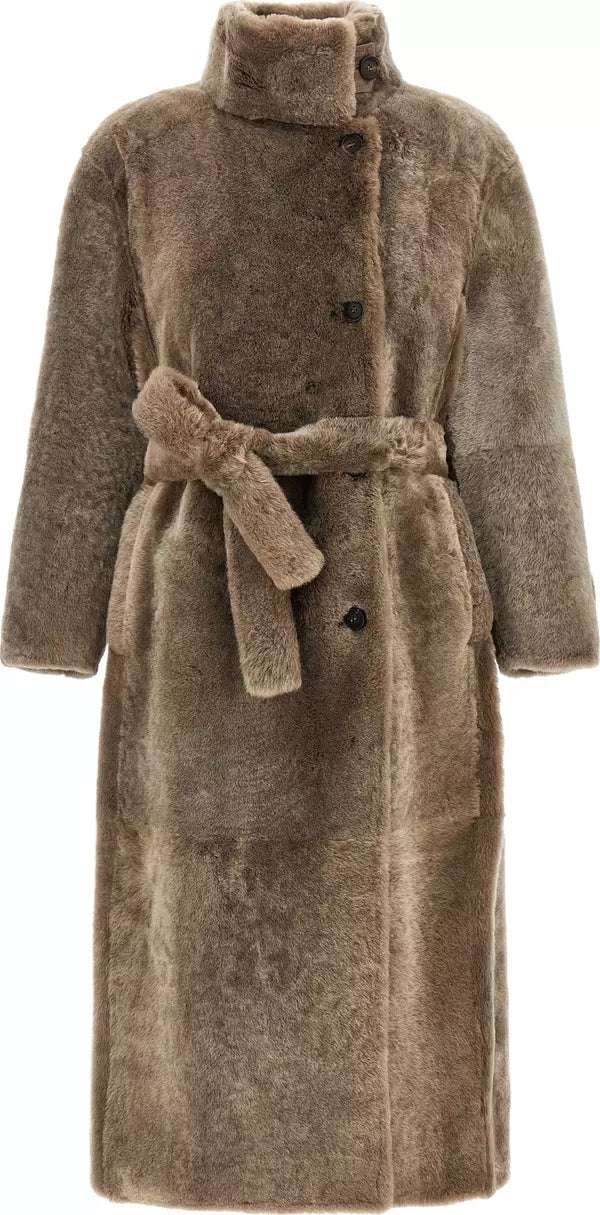 Brunello Cucinelli Brown Shearling Lamb Leather Belted Coat
