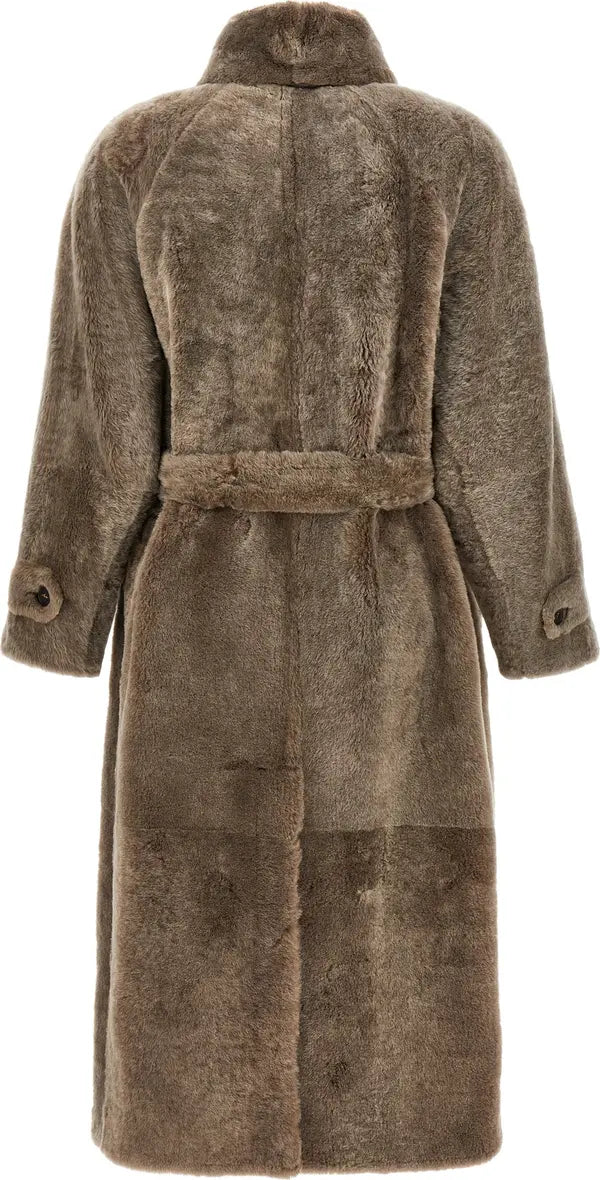 Brunello Cucinelli Brown Shearling Lamb Leather Belted Coat