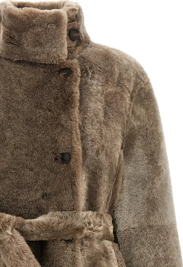 Brunello Cucinelli Brown Shearling Lamb Leather Belted Coat