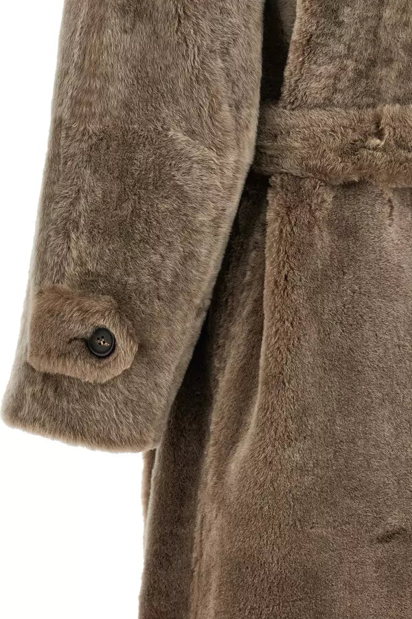 Brunello Cucinelli Brown Shearling Lamb Leather Belted Coat