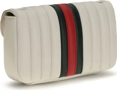 A cream-colored quilted leather shoulder bag featuring the iconic vertical stripe pattern in red and green, shown against a plain white background.