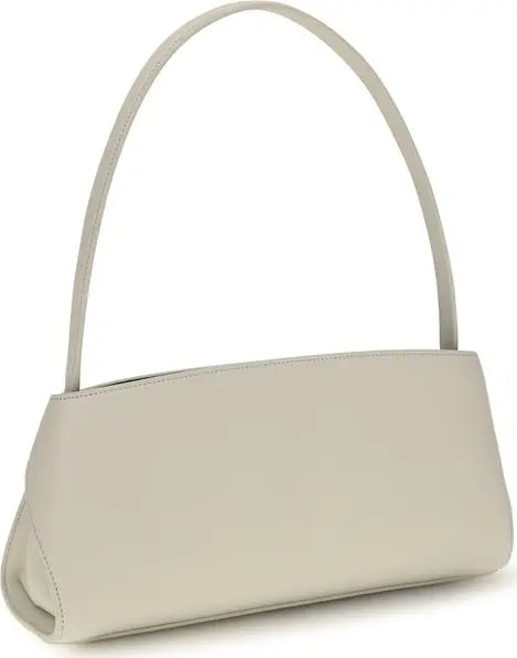 A light beige leather shoulder bag with a single curved strap, shown against a plain white background.