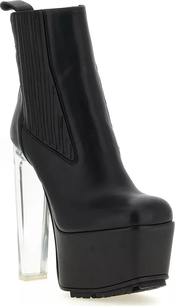 A black leather ankle boot with a chunky platform sole and a clear acrylic block heel, shown from a three-quarter angle on a white background.