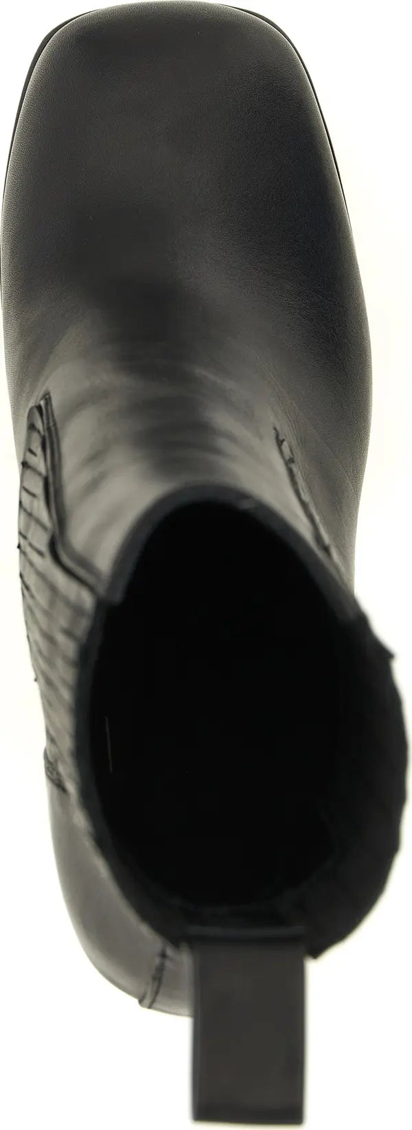 A black leather ankle boot shown from a top-down angle on a white background.