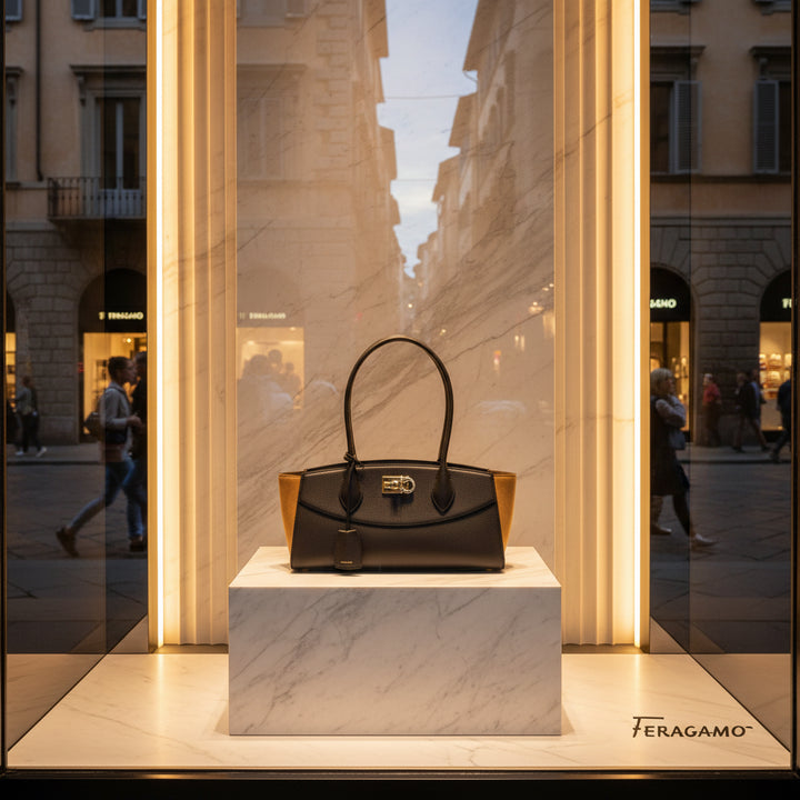 A Salvatore Ferragamo leather handbag in black with tan suede side panels and a gold-tone turn-lock clasp, shown on a plain white background.