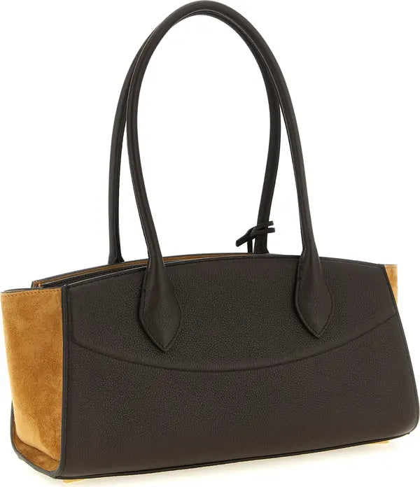 A structured leather handbag with a dark brown pebbled front, tan suede side panels, and double top handles, shown on a plain white background.