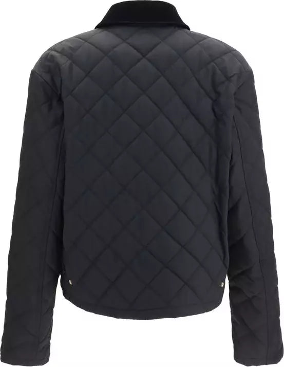 Black quilted jacket with a diamond pattern, shown from the back on a white background.