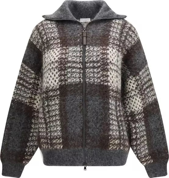 A fuzzy zip-up hooded sweater with a plaid pattern in dark gray, brown, and cream, shown against a plain white background.