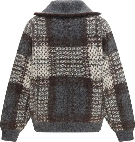 A fuzzy knit cardigan sweater with a high ribbed collar, featuring a textured plaid pattern in dark brown, gray, and cream, shown against a plain white background.
