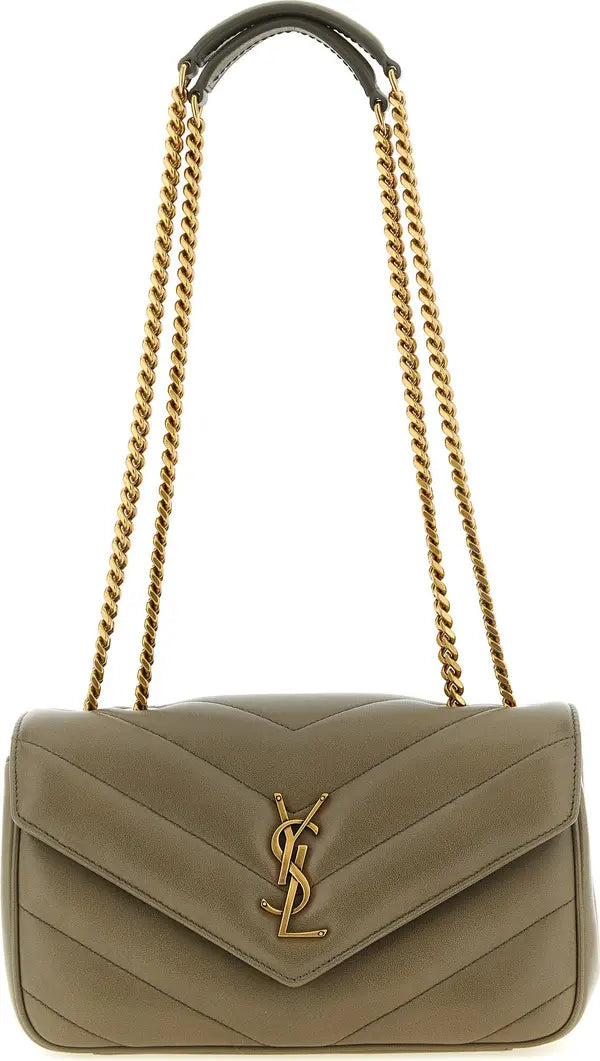 Saint Laurent shoulder bag in olive green chevron leather with a gold-tone YSL logo and chain strap, shown on a plain white background.