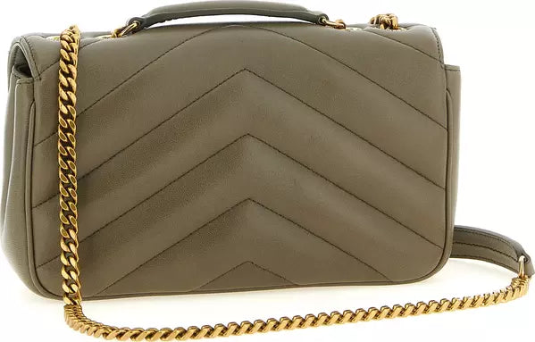 An olive green quilted leather handbag with a gold chain strap and top handle, shown against a plain white background.