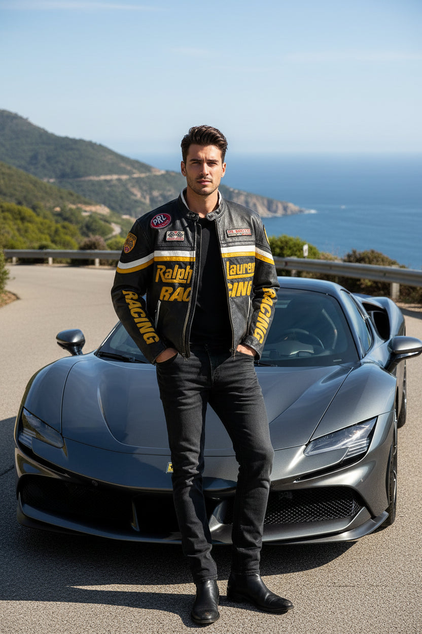A black leather-style racing jacket with yellow and white graphics, featuring &