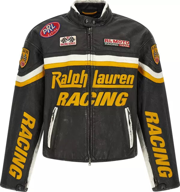 A black leather-style racing jacket with yellow and white graphics, featuring 'Ralph Lauren Racing' across the chest, 'RACING' printed down both sleeves, and sponsor patches including PRL and Al Moty Racing Team.