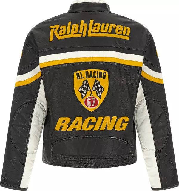 Black leather racing jacket with yellow and white stripes, featuring &