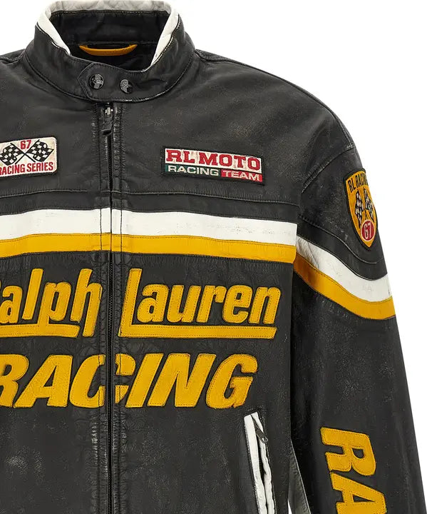 A black leather racing jacket featuring &
