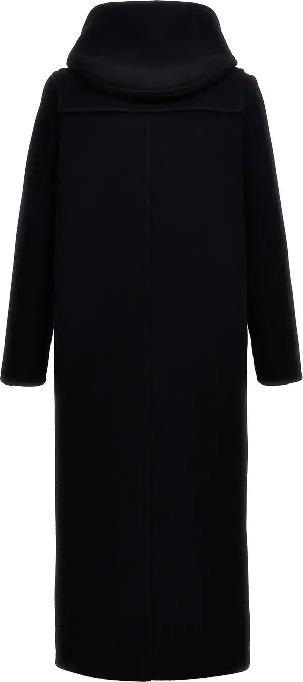 A long black wool coat with a high draped collar, shown from the back against a plain white background.