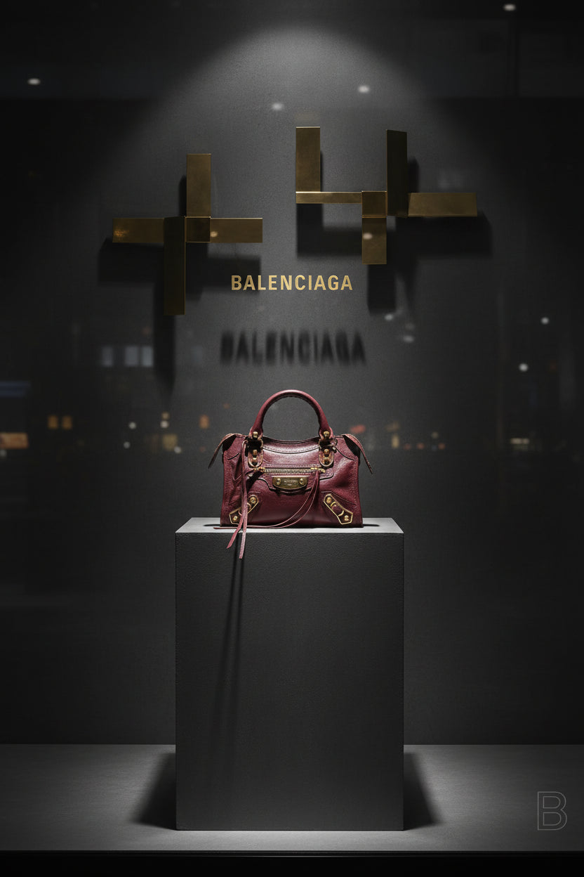 A dark burgundy leather handbag with gold-tone hardware, featuring a structured top handle, zippered front pocket, and decorative strap details, photographed against a plain white background.
