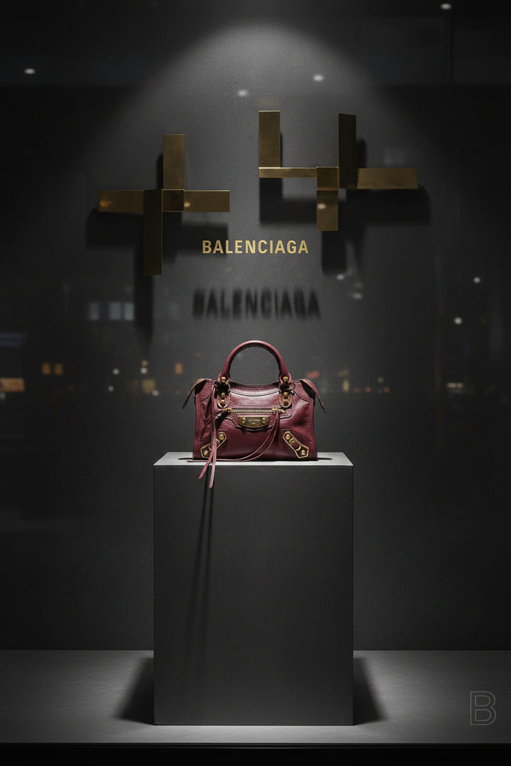 A dark burgundy leather handbag with gold-tone hardware, featuring a structured top handle, zippered front pocket, and decorative strap details, photographed against a plain white background.