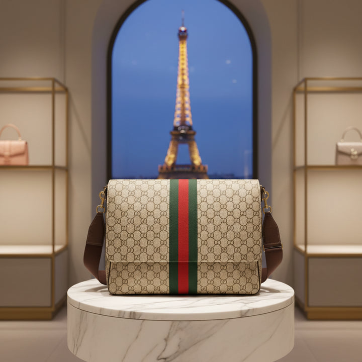 Gucci GG Supreme canvas shoulder bag with brown leather straps and a signature green and red web stripe down the center.