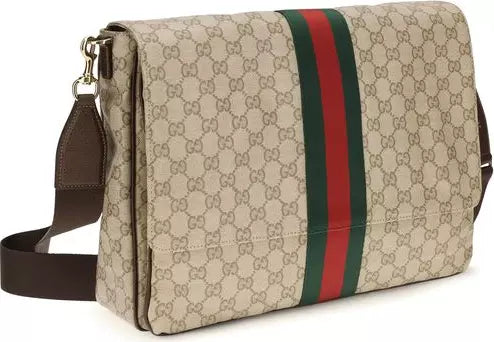 Gucci GG Supreme canvas messenger bag with a brown leather strap and trim, featuring the iconic green and red web stripe on a beige background.