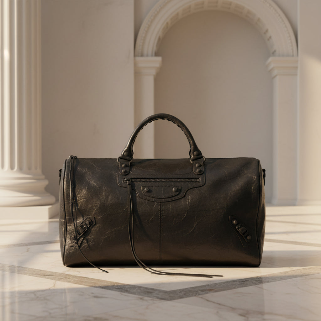 A black distressed leather duffle bag with top handles, a front zip pocket, and a shoulder strap, photographed against a plain white background.