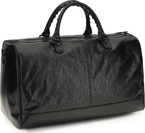 A black leather duffel bag with a crinkled texture, featuring two top handles and a zippered closure, shown on a plain white background.