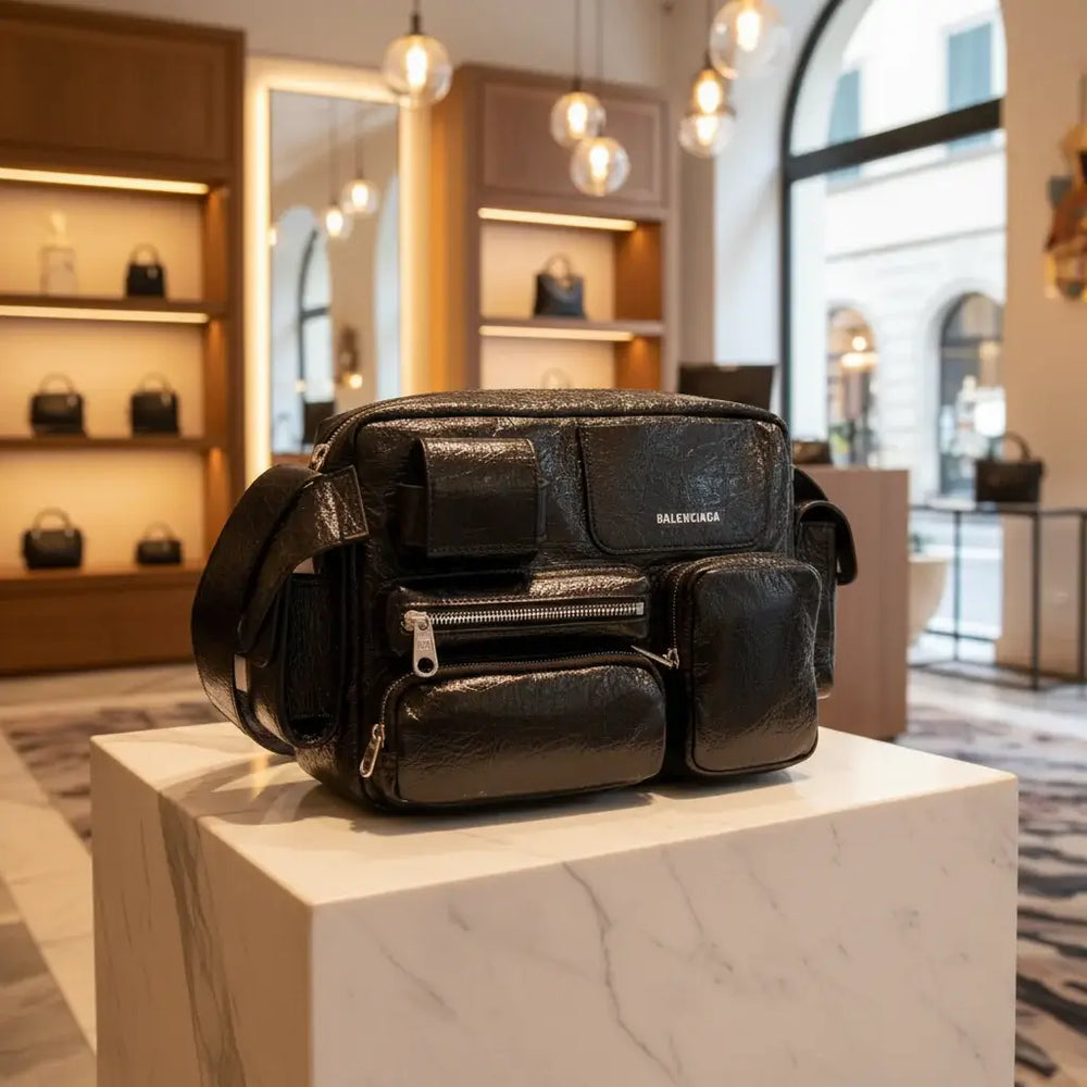 A black Balenciaga shoulder bag made of textured leather, featuring multiple zippered pockets and a silver-tone logo on the front, set against a plain white background.